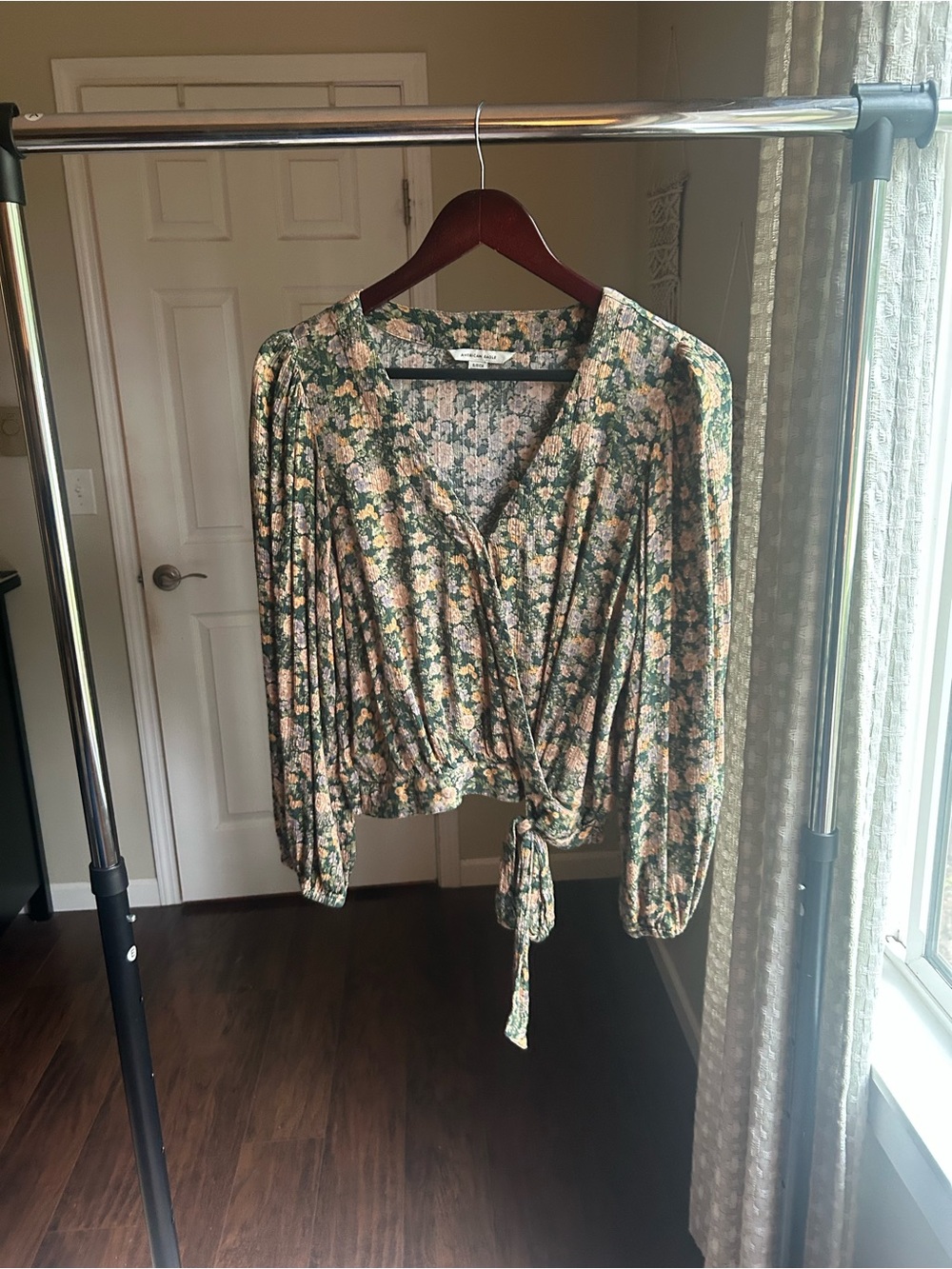 American Eagle Outfitters Floral Wrap Blouse - Green & Pink